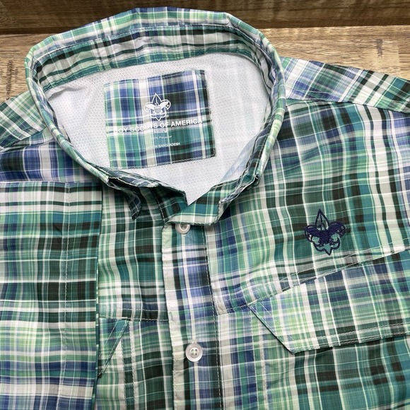 Boy Scouts Of America Plaid Short Sleeve Button Vented Shirt Adult Medium EUC - Picture 1 of 7